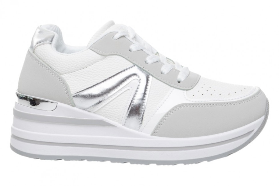 Γυναικεία Λευκά Sneakers Με Πλατφόρμα Και Ασημί Λεπτομέρειες