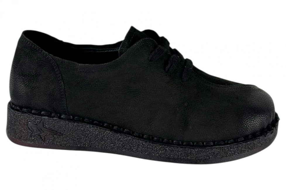 Γυναικεία Μαύρα Nubuck Δερμάτινα Ανατομικά Παπούτσια Με Κορδόνια