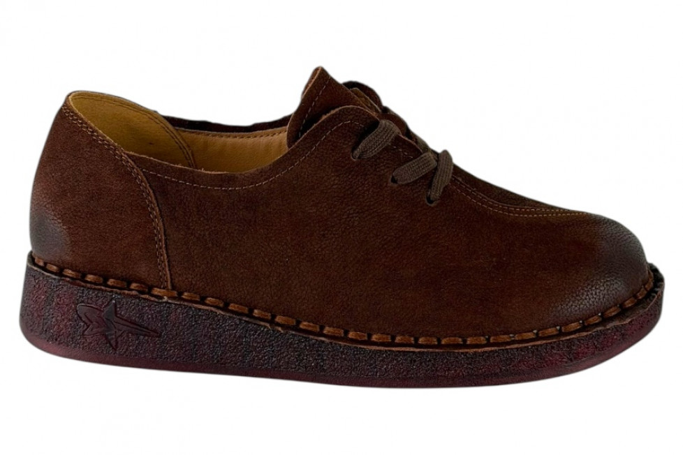 Γυναικεία Καφέ Nubuck Δερμάτινα Ανατομικά Παπούτσια Με Κορδόνια