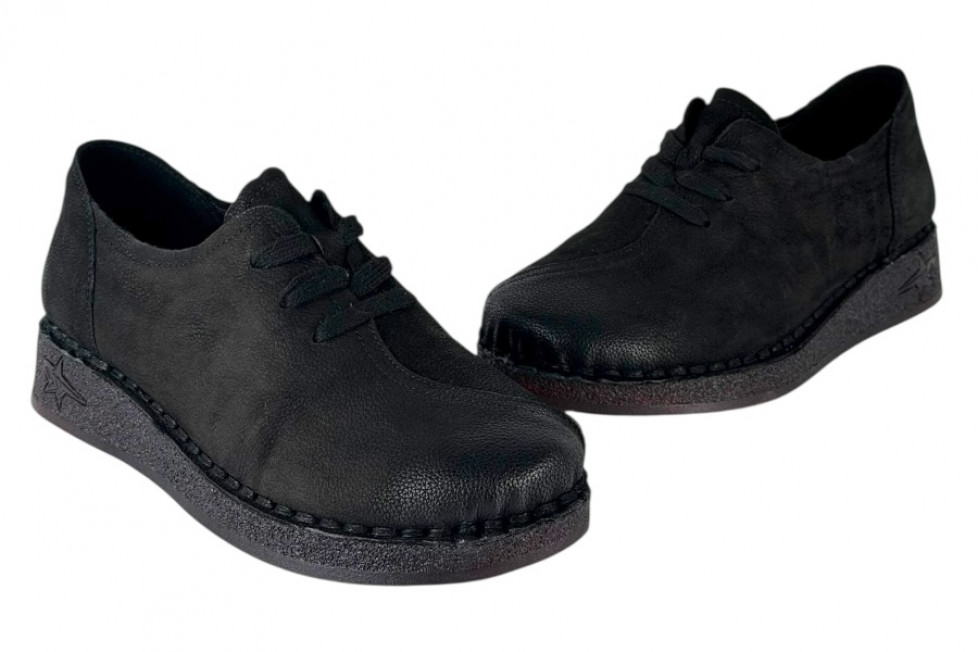 Γυναικεία Μαύρα Nubuck Δερμάτινα Ανατομικά Παπούτσια Με Κορδόνια Σε Μεγάλα Νούμερα