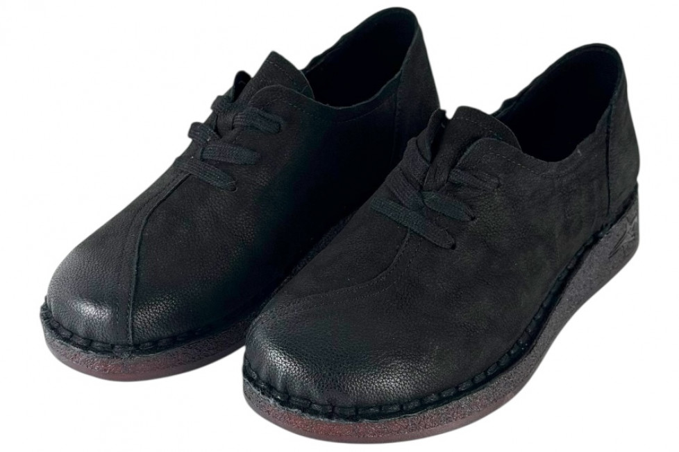 Γυναικεία Μαύρα Nubuck Δερμάτινα Ανατομικά Παπούτσια Με Κορδόνια Σε Μεγάλα Νούμερα