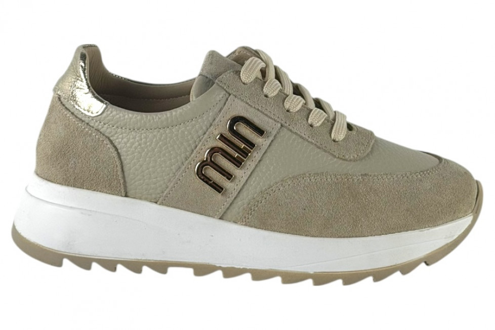 Γυναικεία Μπεζ Δερμάτινα Ανατομικά Sneakers Με Χρυσές Λεπτομέρειες