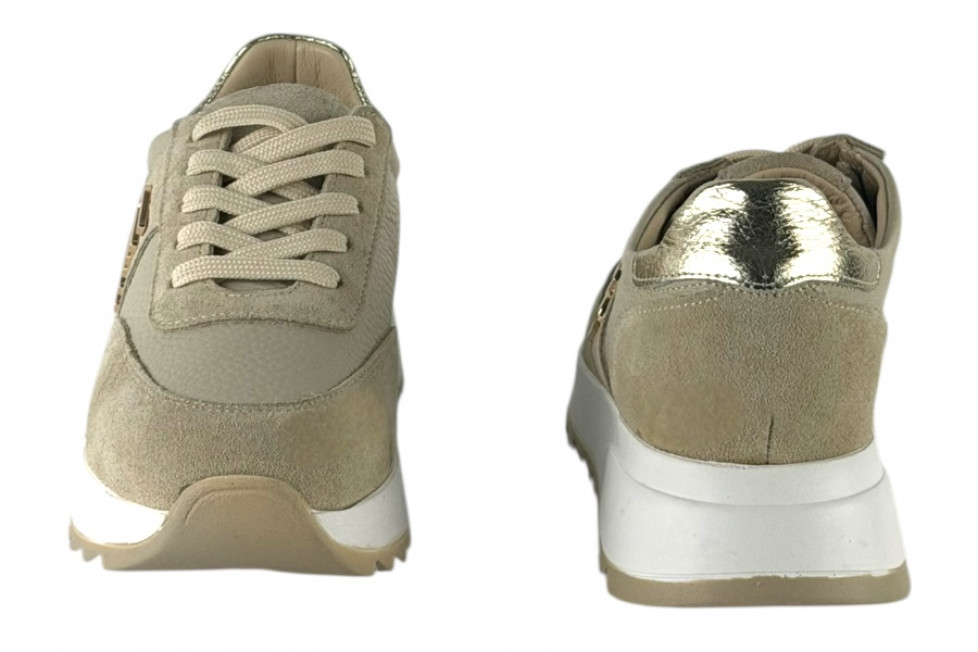 Γυναικεία Μπεζ Δερμάτινα Ανατομικά Sneakers Με Χρυσές Λεπτομέρειες