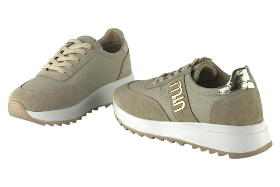 Γυναικεία Μπεζ Δερμάτινα Ανατομικά Sneakers Με Χρυσές Λεπτομέρειες