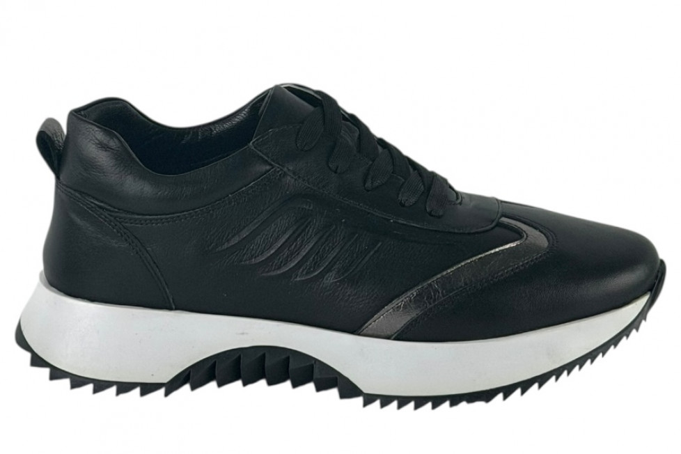 Γυναικεία Μαύρα Δερμάτινα Ανατομικά Sneakers Με Ασημί Λεπτομέρειες