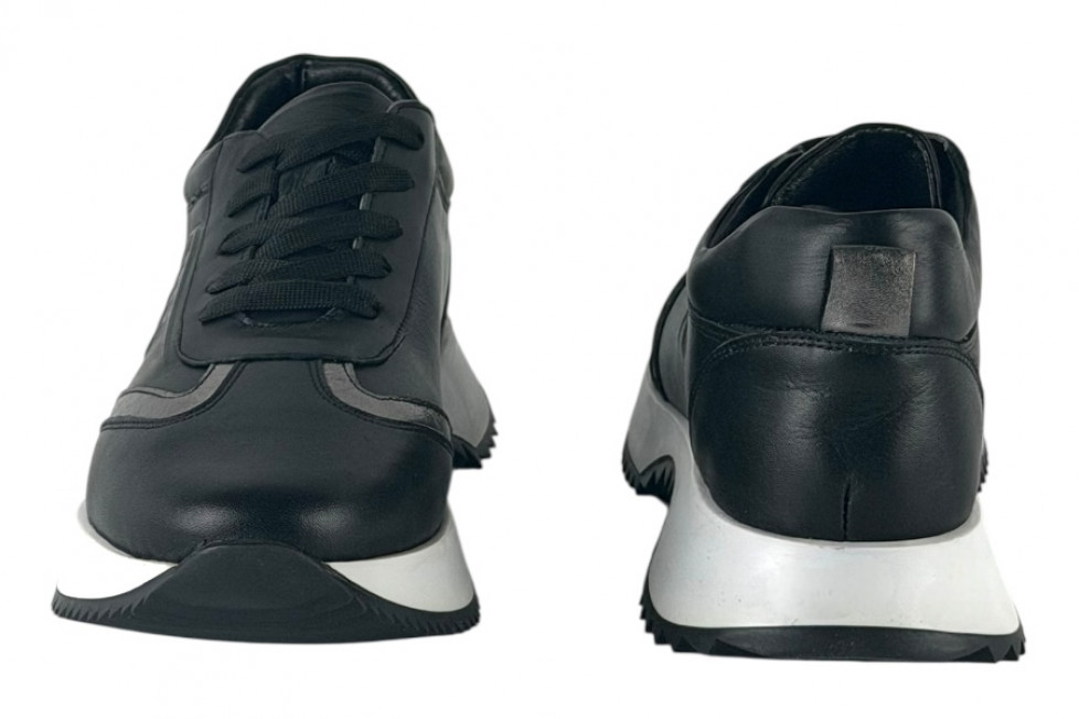 Γυναικεία Μαύρα Δερμάτινα Ανατομικά Sneakers Με Ασημί Λεπτομέρειες