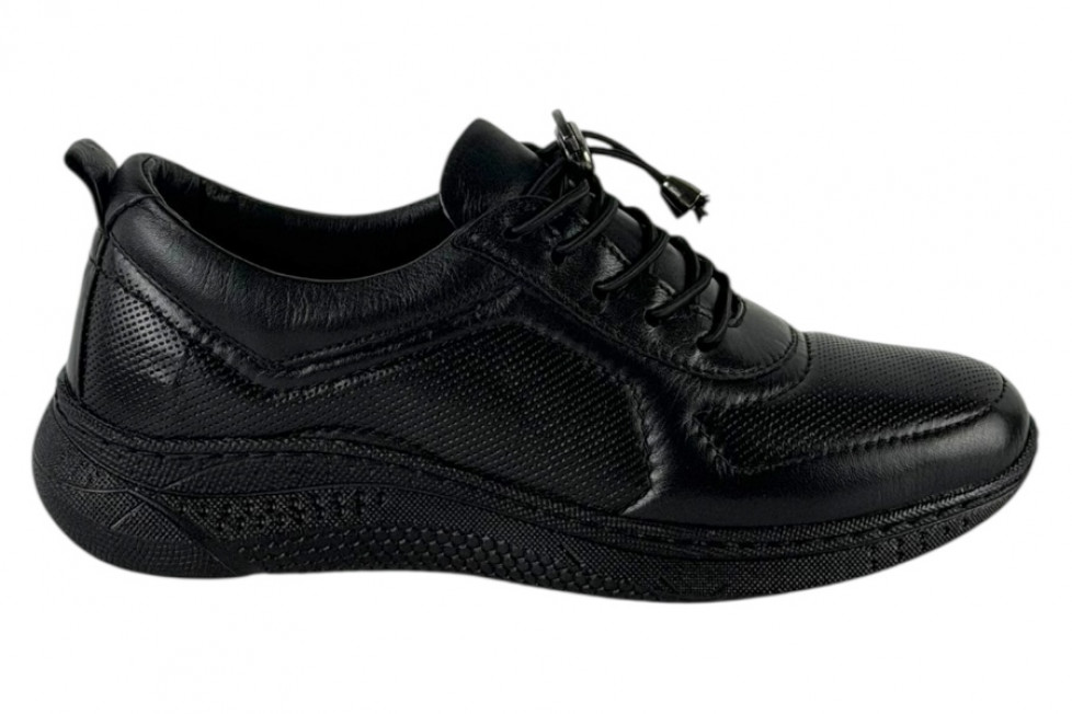 Γυναικεία Μαύρα Δερμάτινα Ανατομικά Sneakers Με Ελαστικά Κορδόνια