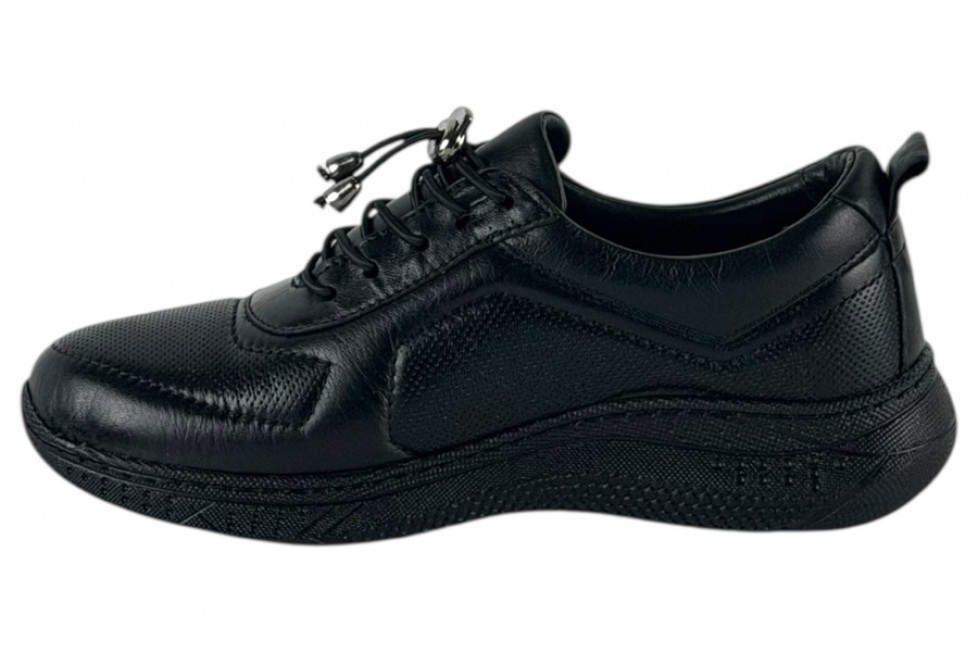 Γυναικεία Μαύρα Δερμάτινα Ανατομικά Sneakers Με Ελαστικά Κορδόνια