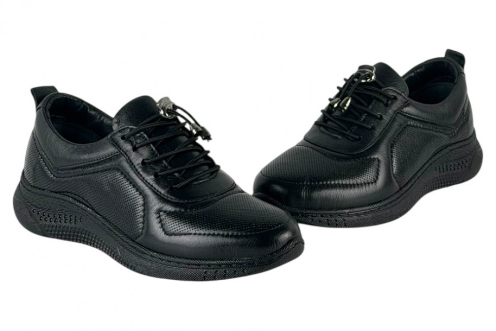 Γυναικεία Μαύρα Δερμάτινα Ανατομικά Sneakers Με Ελαστικά Κορδόνια