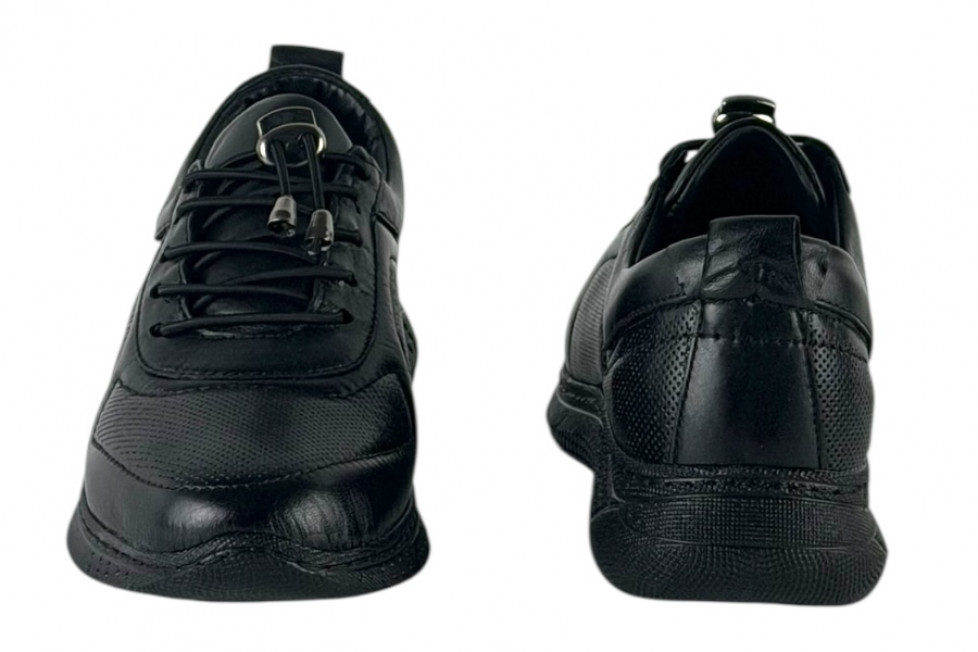 Γυναικεία Μαύρα Δερμάτινα Ανατομικά Sneakers Με Ελαστικά Κορδόνια