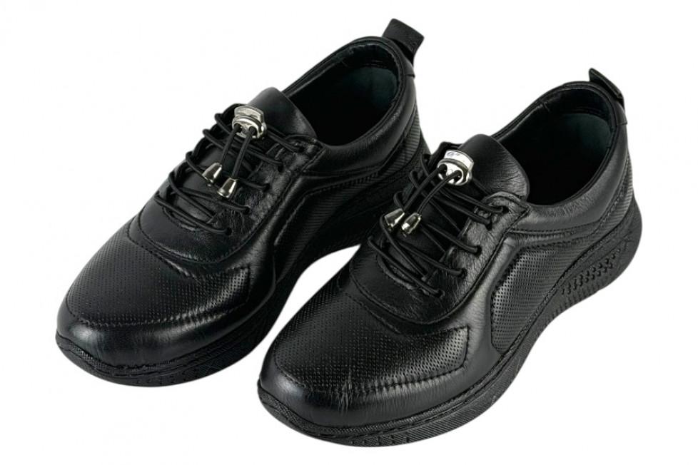 Γυναικεία Μαύρα Δερμάτινα Ανατομικά Sneakers Με Ελαστικά Κορδόνια