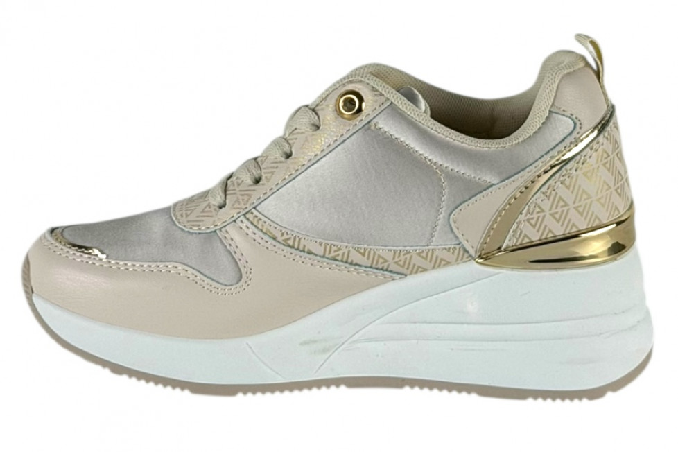 Γυναικεία Μπεζ Sneakers Με Ψηλή Πλατφόρμα Και Χρυσές Λεπτομέρειες