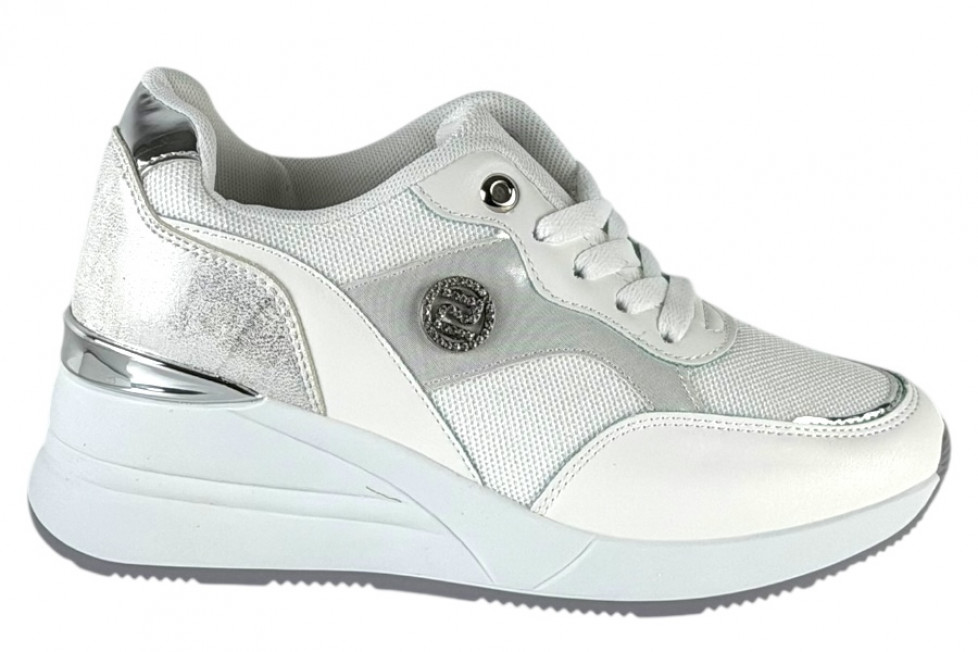 Γυναικεία Λευκά Sneakers Με Ψηλή Πλατφόρμα Και Ασημί Λεπτομέρειες