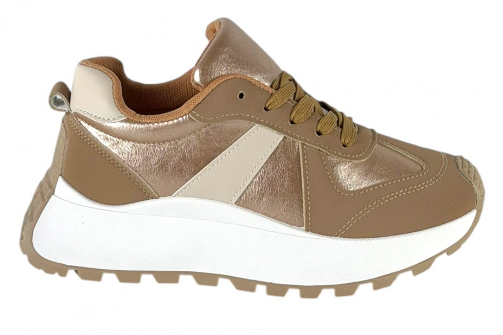 Γυναικεία Ροζ Μεταλιζε Sneakers Δίσολα Με Κορδόνια Και Μπεζ Λεπτομέρειες