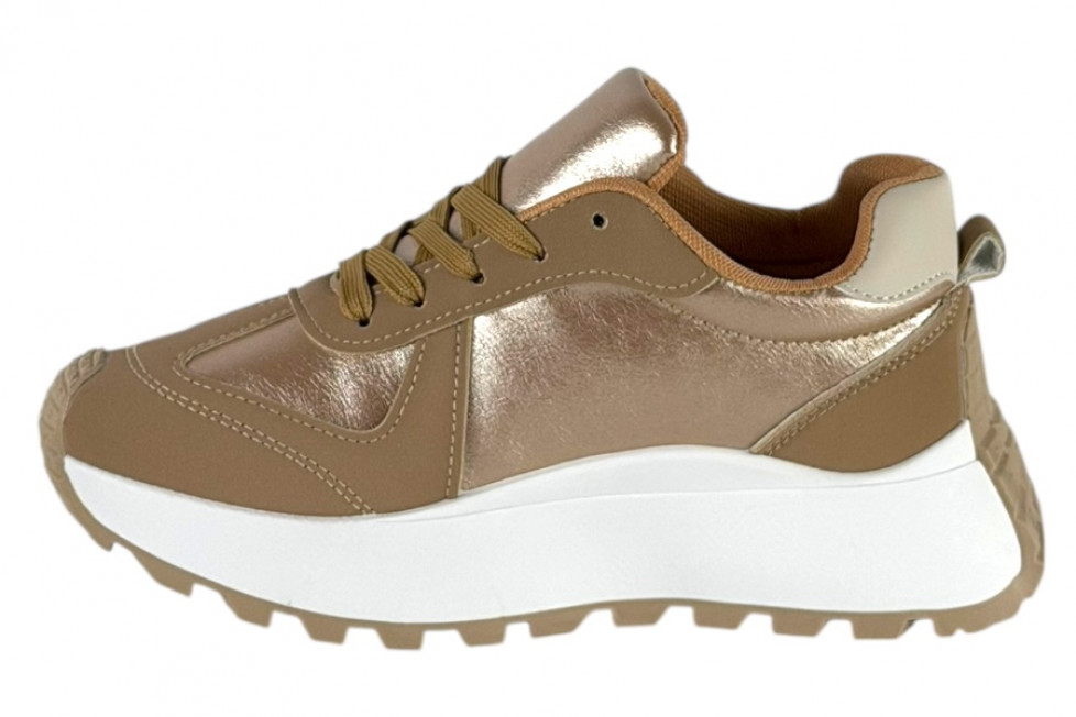 Γυναικεία Ροζ Μεταλιζε Sneakers Δίσολα Με Κορδόνια Και Μπεζ Λεπτομέρειες