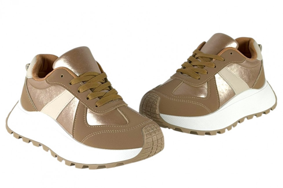 Γυναικεία Ροζ Μεταλιζε Sneakers Δίσολα Με Κορδόνια Και Μπεζ Λεπτομέρειες