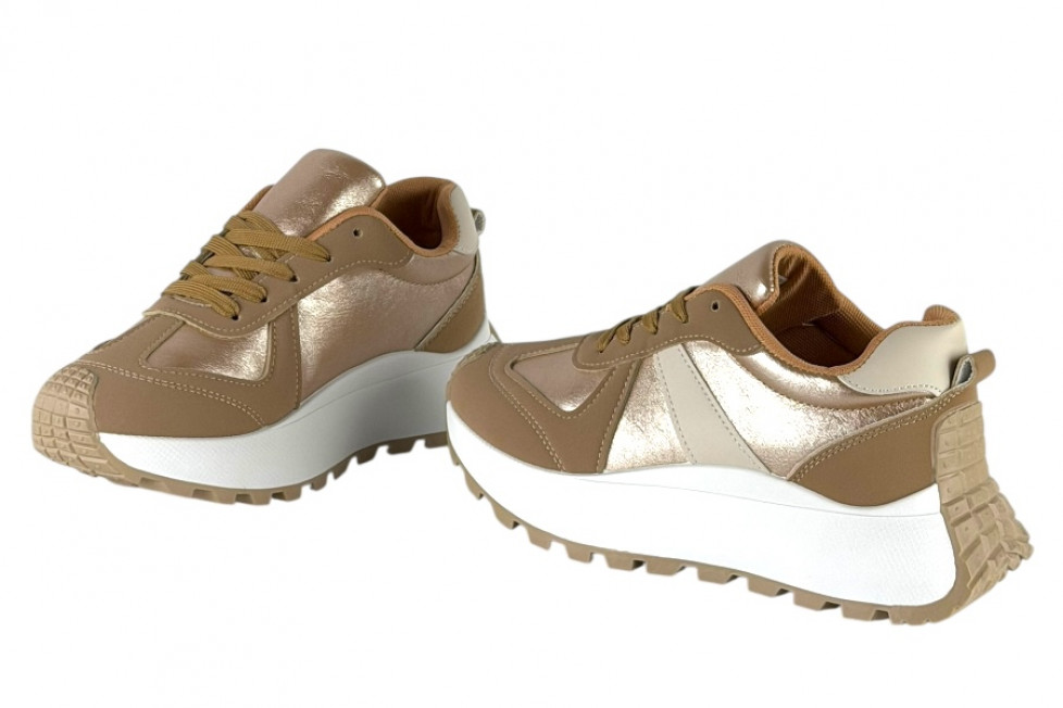 Γυναικεία Ροζ Μεταλιζε Sneakers Δίσολα Με Κορδόνια Και Μπεζ Λεπτομέρειες