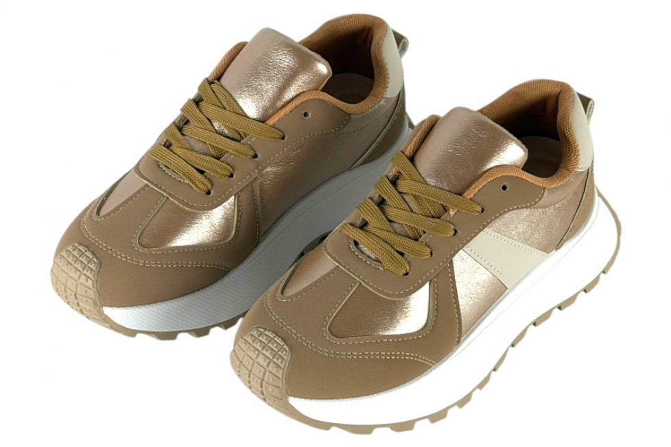 Γυναικεία Ροζ Μεταλιζε Sneakers Δίσολα Με Κορδόνια Και Μπεζ Λεπτομέρειες