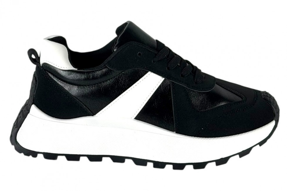 Γυναικεία Μαύρα Μεταλιζε Sneakers Δίσολα Με Λευκές Λεπτομέρειες Και Κορδόνια