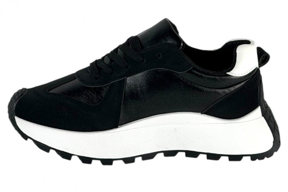 Γυναικεία Μαύρα Μεταλιζε Sneakers Δίσολα Με Λευκές Λεπτομέρειες Και Κορδόνια