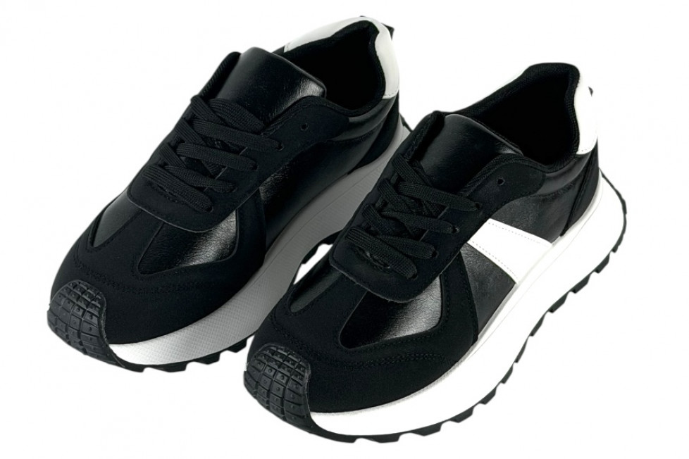 Γυναικεία Μαύρα Μεταλιζε Sneakers Δίσολα Με Λευκές Λεπτομέρειες Και Κορδόνια