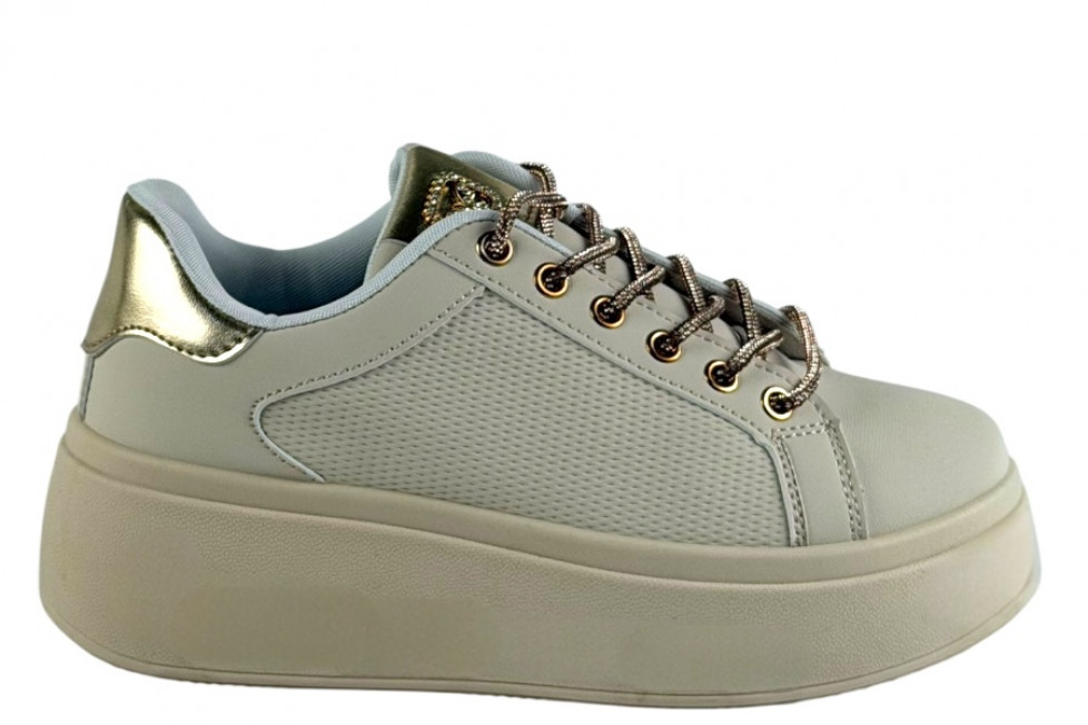 Γυναικεία Μπεζ Sneakers Δίσολα Με Strass Κορδόνια