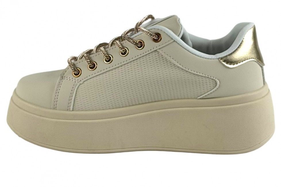 Γυναικεία Μπεζ Sneakers Δίσολα Με Strass Κορδόνια