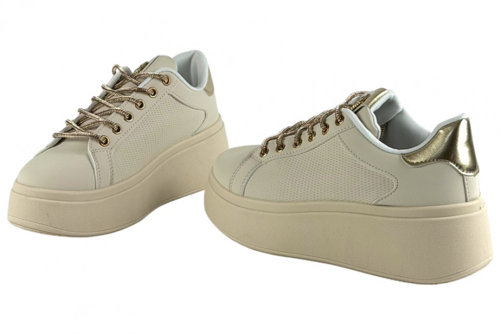 Γυναικεία Μπεζ Sneakers Δίσολα Με Strass Κορδόνια