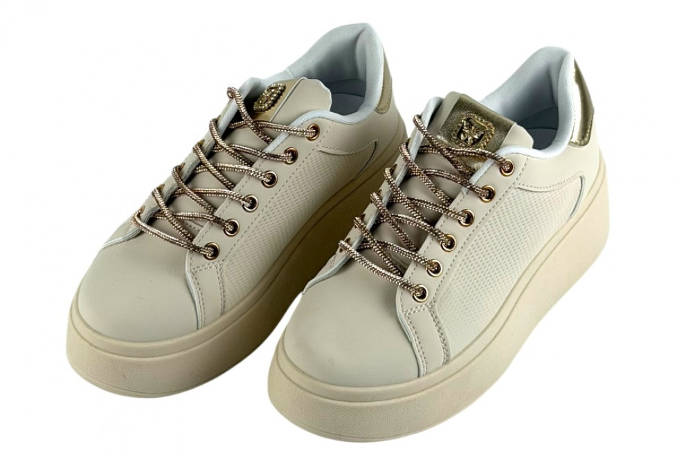 Γυναικεία Μπεζ Sneakers Δίσολα Με Strass Κορδόνια