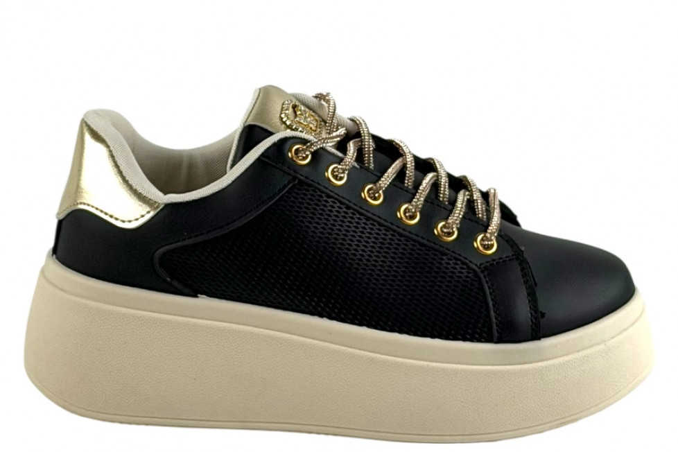 Γυναικεία Mαύρα Sneakers Δίσολα Με Strass Κορδόνια