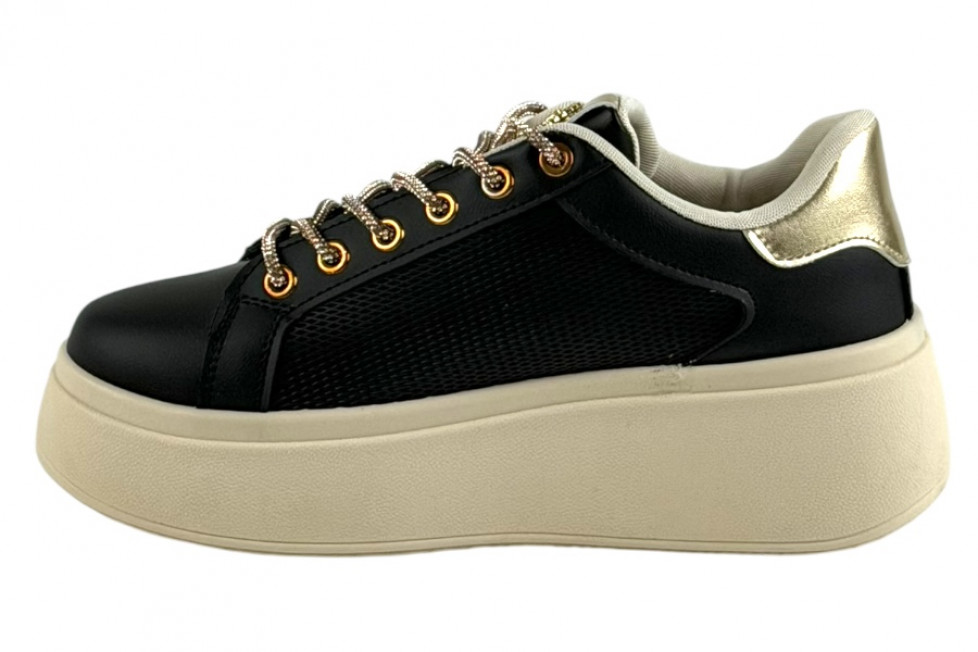 Γυναικεία Mαύρα Sneakers Δίσολα Με Strass Κορδόνια