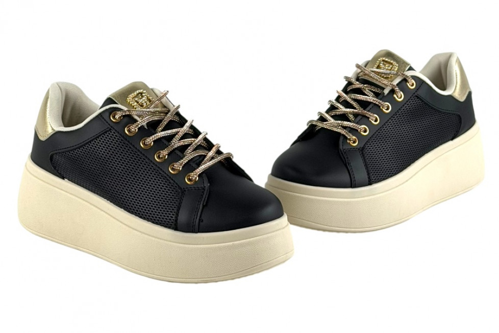 Γυναικεία Mαύρα Sneakers Δίσολα Με Strass Κορδόνια