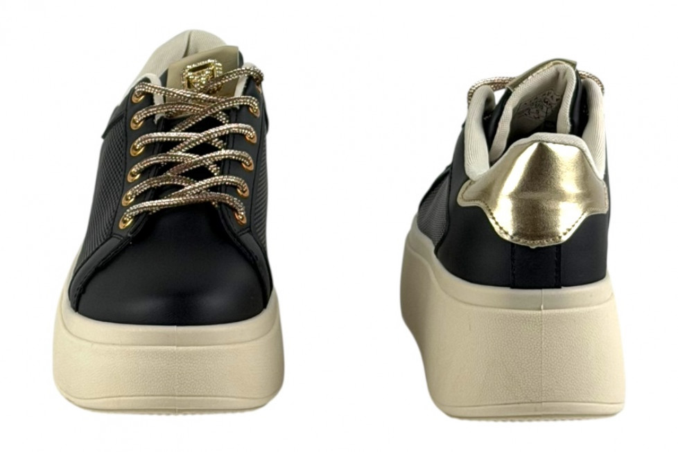 Γυναικεία Mαύρα Sneakers Δίσολα Με Strass Κορδόνια