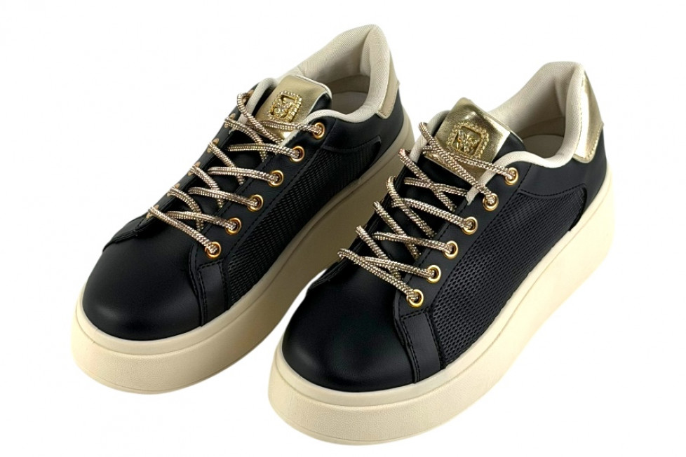 Γυναικεία Mαύρα Sneakers Δίσολα Με Strass Κορδόνια