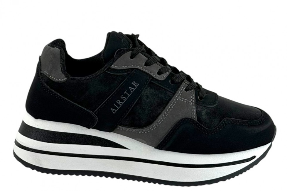 Γυναικεία Mαύρα Sneakers Με Ψηλή Σόλα Και Γκρι Λεπτομέρειες
