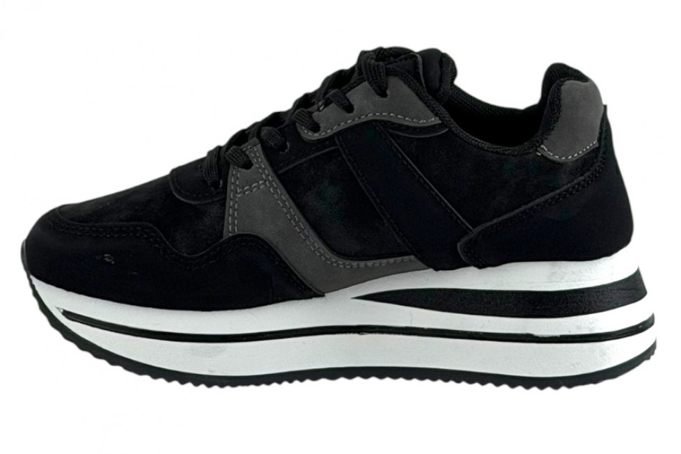 Γυναικεία Mαύρα Sneakers Με Ψηλή Σόλα Και Γκρι Λεπτομέρειες