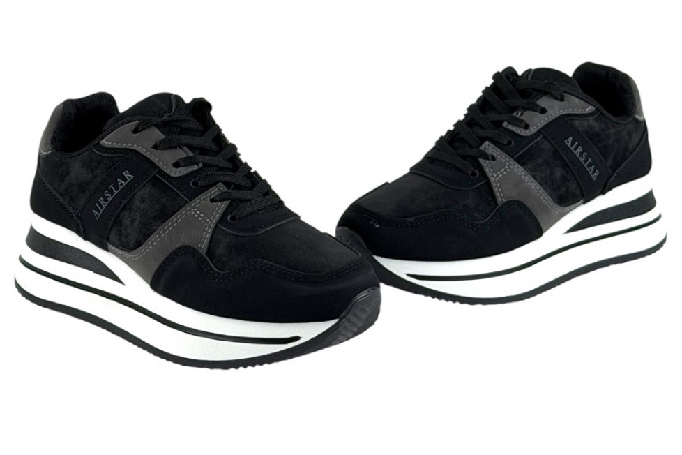 Γυναικεία Mαύρα Sneakers Με Ψηλή Σόλα Και Γκρι Λεπτομέρειες